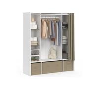 Dressing double penderie DIANE 140 x 45 x 167 cm blanc avec étagères + boites de rangement + rideau taupe