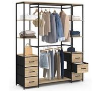 IDMarket - Dressing double penderie Utah L.140cm, 6 étagères, 6 bacs en tissu bois et noir