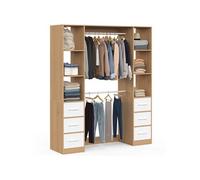 IDMarket - Dressing double penderie + double colonne L. 140 cm UPPAH | avec 6 étagères et 6 bacs en tissu bois et blanc