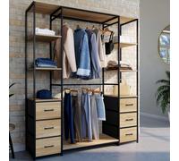 Dressing double penderie UTAH avec étagères et 6 bacs en tissu bois et noir design industriel