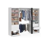 Dressing double XXL MERYL 220 cm avec porte pantalons + étagères + tiroirs + rangements à chaussures blanc et gris