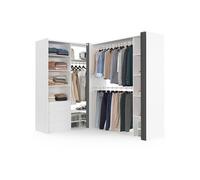 Dressing extensible d'angle MARLON 200 x 150 x 180 cm blanc avec penderies + tiroirs + étagères + rideaux gris