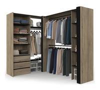 IDMarket - Dressing extensible d'angle MARLON 200 x 150 x 180 cm hêtre avec penderies + tiroirs + étagères + rideaux noirs