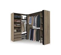 IDMARKET Dressing extensible d'angle MARLON 200 x 150 x 180 cm hêtre avec penderies + tiroirs + étagères + rideaux noirs