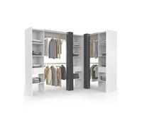 Dressing extensible d'angle MARLON 230 x 140 x 180 cm blanc avec penderies + étagères + rideaux gris