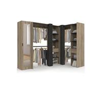IDMarket - Dressing extensible angle MARLON 230 x 140 x 180 cm hêtre | Avec 4 penderies + 13 étagères + 1 porte avec miroir + 2 tiroirs + 2 rideaux noirs