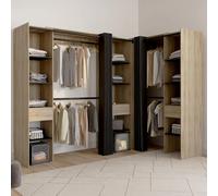 Dressing Extensible D'angle Marlon 230 X 140 X 180 Cm Cm Hêtre Avec Penderies + Étagères + Rideaux Noirs