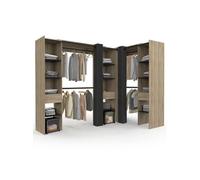 IDMarket - Dressing Extensible d'angle Marlon 230 x 140 x 180 cm cm hêtre avec penderies + étagères + Rideaux Noirs