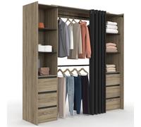 Dressing extensible double MERYL 120/180 cm hêtre avec 6 tiroirs + étagères + double penderie + rideau noir Noir