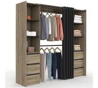 Dressing extensible double MERYL 120/180 cm hêtre avec 6 tiroirs + étagères + double penderie + rideau noir Noir