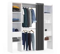 IDMarket - Dressing extensible double MERYL 120/180 x 50 x 180 cm blanc avec étagères + double penderie + rideau gris