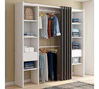 IDMarket - Dressing extensible double MERYL 120/180 x 50 x 180 cm blanc avec étagères + double penderie + rideau gris