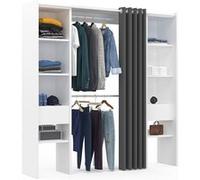 IDMARKET Dressing extensible double MERYL 120/180 x 50 x 180 cm blanc avec étagères + double penderie + rideau gris