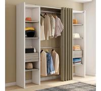 IDMarket - Dressing Extensible Double Meryl 120/180 x 50 x 180 cm Blanc avec étagères hêtre + Double penderie + Rideau Taupe