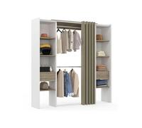 IDMarket - Dressing extensible double MERYL 120/180 x 50 x 180 cm blanc avec étagères hêtre + double penderie + rideau taupe