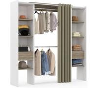 IDMarket Dressing extensible double MERYL 120/180×50×180cm blanc, double penderie, rideau taupe