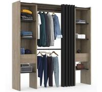 IDMarket - Dressing Extensible Double Meryl 120/180 x 50 x 180 cm hêtre avec étagères hêtre + Double penderie + Rideau Noir
