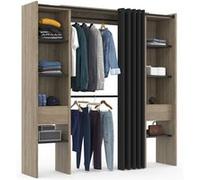 IDMarket - Dressing Extensible Double Meryl 120/180 x 50 x 180 cm hêtre avec étagères hêtre + Double penderie + Rideau Noir