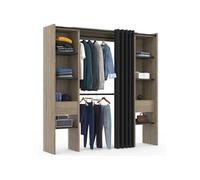 Dressing Extensible Double Meryl 120/180 X 50 X 180 Cm Hêtre Avec Étagères Hêtre + Double Penderie + Rideau Noir Noir