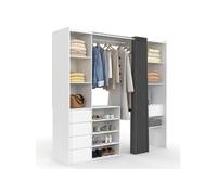 Dressing extensible double XXL MERYL 120/180 cm blanc avec tiroirs + étagères + penderie + rideau gris
