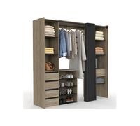 IDMARKET Dressing extensible double XXL MERYL 120/180 cm hêtre avec tiroirs + étagères + penderie + rideau noir