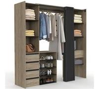 IDMARKET Dressing extensible double XXL MERYL 120/180 cm hêtre avec tiroirs + étagères + penderie + rideau noir