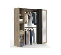 IDMarket - Dressing extensible MADISON 145/170 x 50 x 180 cm hêtre avec étagères + double penderie + miroir + rideau noir