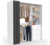 Dressing extensible MARTY 120/170 x 50 x 180 cm blanc avec 3 tiroirs + étagères + double penderie + rideau gris