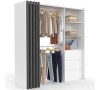 IDMARKET Dressing extensible MARTY 120/170 x 50 x 180 cm blanc avec 3 tiroirs + étagères + double penderie + rideau gris
