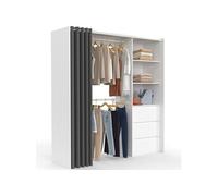 Dressing extensible MARTY 120/170 x 50 x 180 cm blanc avec 3 tiroirs + étagères + double penderie + rideau gris