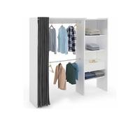 IDMarket - Dressing Extensible Marty 120/170 x 50 x 180 cm Blanc avec étagères + Double penderie + Rideau Gris