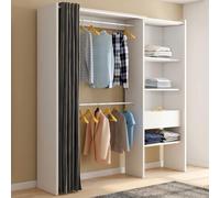 IDMarket - Dressing Extensible Marty 120/170 x 50 x 180 cm Blanc avec étagères + Double penderie + Rideau Gris