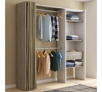 Dressing Extensible Marty 120-170 X 50 X 180 Cm Blanc Avec Étagères Hêtre + Double Penderie + Rideau Taupe Blanc