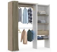 IDMarket Dressing extensible MARTY 120/170×50×180 cm blanc, étagères hêtre, rideau taupe