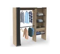 Dressing Extensible Marty 120/170 X 50 X 180 Cm Hêtre Avec Étagères + Double Penderie + Rideau Noir Noir