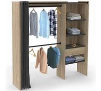 IDMarket - Dressing Extensible Marty 120/170 x 50 x 180 cm hêtre avec étagères + Double penderie + Rideau Noir