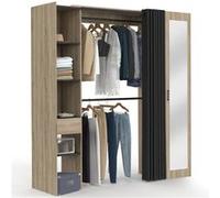 IDMARKET Dressing extensible MERYL 145/170×50×180 hêtre/étagères/double penderie/miroir/rideau noir