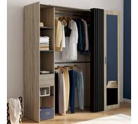 IDMARKET Dressing extensible MERYL 145/170×50×180 hêtre/étagères/double penderie/miroir/rideau noir
