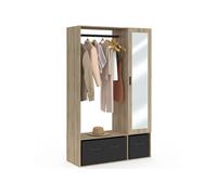 Dressing penderie BERENICE 105 x 50 x 172 cm hêtre avec étagères + boites de rangement noires + miroir