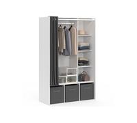 IDMarket Dressing penderie DIANE 105×45×167 cm blanc, étagères, boîtes, rideau gris