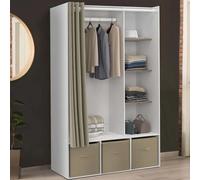 IDMarket Dressing penderie DIANE 105 x 45 x 167 cm blanc avec étagères, boîtes et rideau taupe