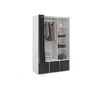Dressing penderie DIANE 105 x 50 x 172 cm blanc avec étagères + boites de rangement + rideau gris