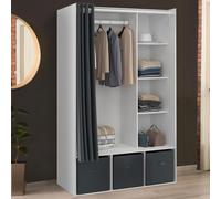 Dressing Penderie Diane 105 X 50 X 172 Cm Blanc Avec Étagères + Boites De Rangement + Rideau Gris Blanc