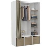 Dressing penderie DIANE 105 x 50 x 172 cm blanc avec étagères + boites de rangement + rideau taupe Blanc G