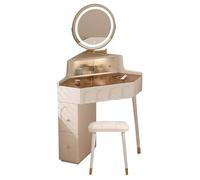 Dressing Table avec Miroir Rond - Bureau de Maquillage vanité avec tiroir et étagères - vanité d'angle avec armoires latérales et Tabouret coussiné pour Les Femmes Filles, Beige