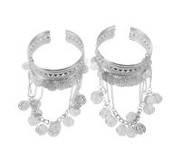 DRESSOOS Bracelet manchette 2 pièces pour danse orientale - Manchette ajustable avec pompon et pièces - Bijou ethnique pour femme, carnaval, scène, costume, soirée, argent