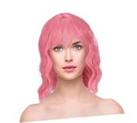 DRESSOOS Perruque Courte Ondulée Rose avec Frange Wig Colorée Mode Style Épaules Facile à Porter et Entretenir