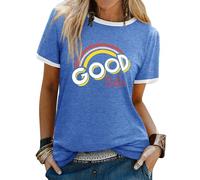 Dresswel Femme Good Vibes T-shirt Impression Arc-en-ciel T-shirts Col Rond Manches Courtes Hauts Chemise Tee Tops Blouse, 1-bleu, M