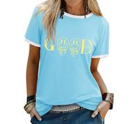 Dresswel T-shirt Good Vibes pour femme - Imprimé souriant - Col rond - Manches courtes - Haut d'été, bleu clair, XL