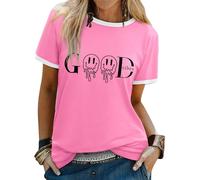 Dresswel T-shirt Good Vibes pour femme - Imprimé souriant - Col rond - Manches courtes - Haut d'été, Rose, M